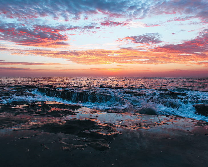 sea, rock, waves, sunset, beach, clouds, HD wallpaper