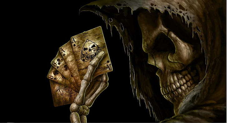 skull, death, fantasy art, Grim Reaper, playing cards, HD wallpaper