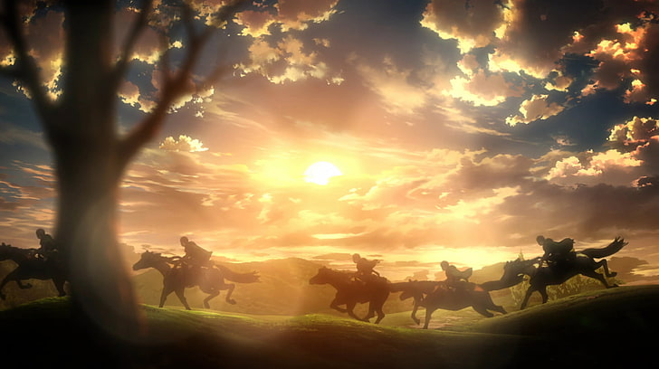 silhouette of equestrians illustration, Anime, Attack On Titan