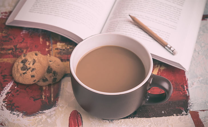 white ceramic mug, coffee, books, food and drink, cup, refreshment