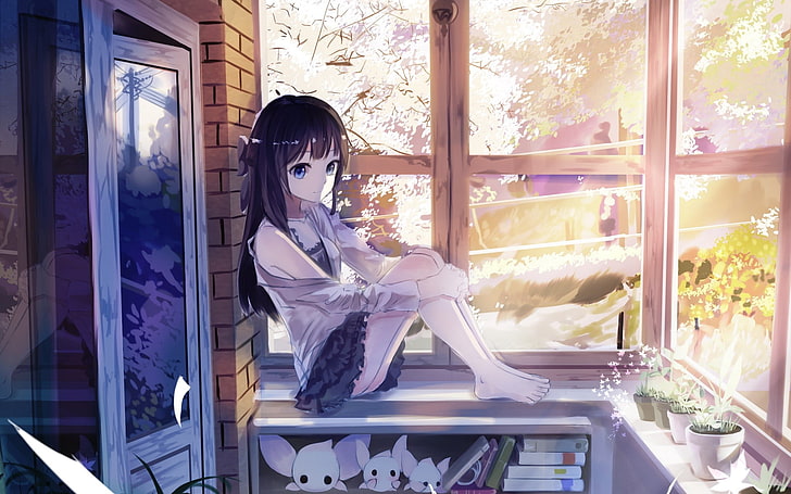 black-haired female anime character, anime girls, skirt, sitting, HD wallpaper