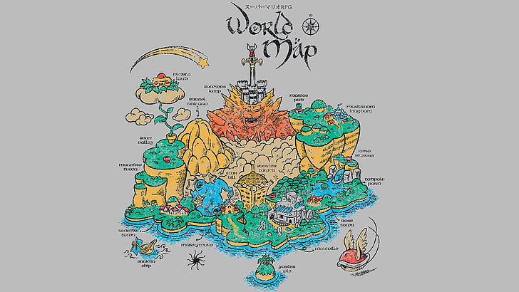 World Map illustration, Super Mario, video games, Super Mario RPG