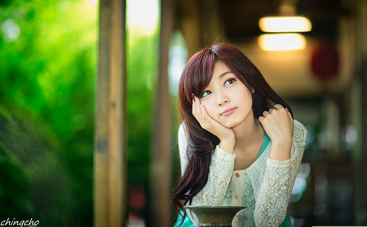 Asian, women, redhead, hands in hair, thinking, chingcho, chingcho Chang, HD wallpaper