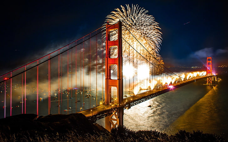 cityscape, bridge, HDR, fireworks, Golden Gate Bridge, night
