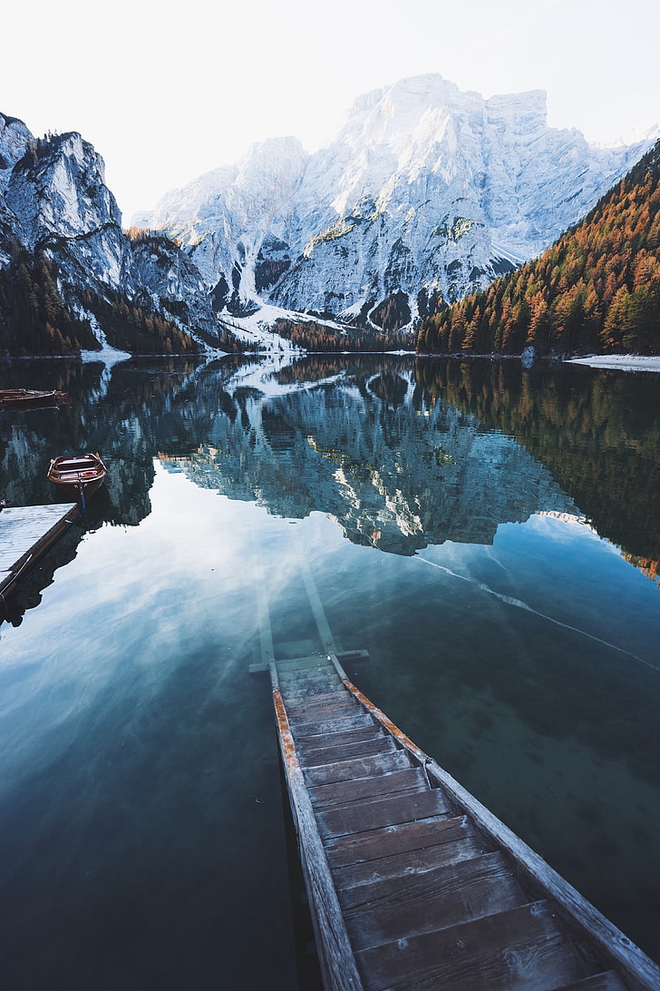 lake, boat, snow, mountains, water, nature, trees, landscape