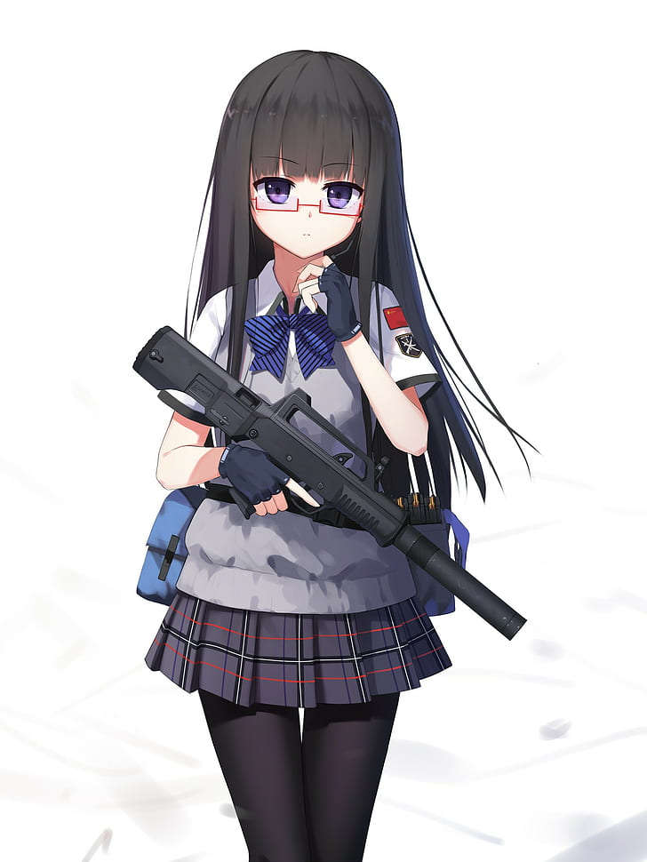 anime, anime girls, gun, weapon, glasses, long hair, purple eyes, HD wallpaper