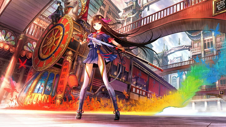 train, anime girls, sword, oriental, Chinese dress, colorful, HD wallpaper