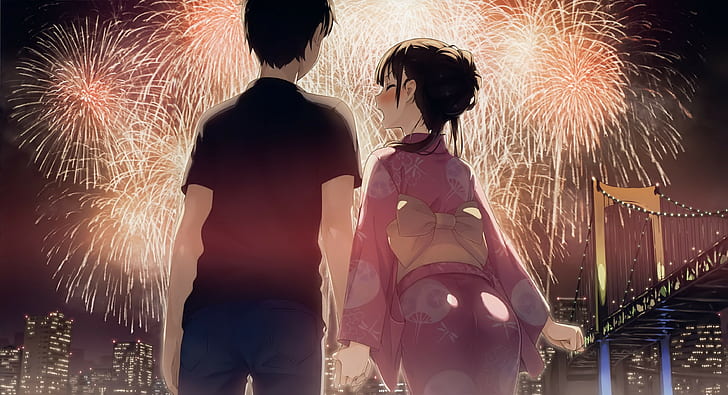 city, building, yukata, New Year, fireworks, blushing, anime girls