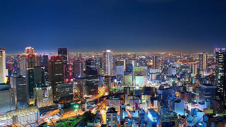 city, cityscape, street, Japan, building, Osaka, light trails, HD wallpaper