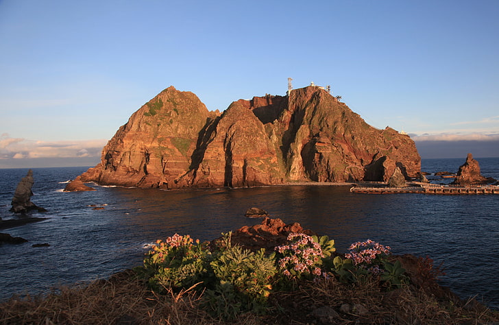 rock formation in body of water, island, rocks, dokdo, korea