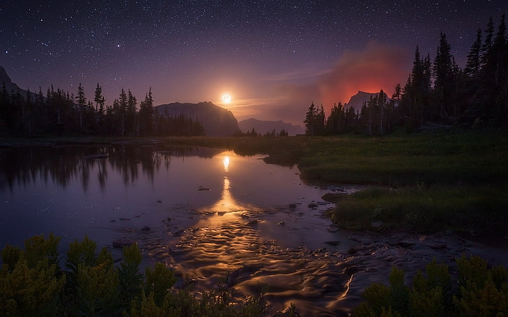 Glacier National Park, lake, landscape, Montana, Moon, moonlight, HD wallpaper