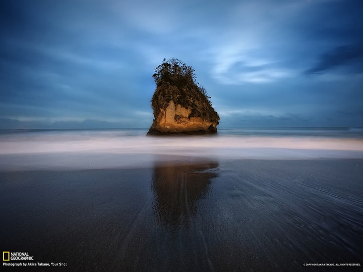 brown rock monolith, landscape, beach, island, National Geographic, HD wallpaper