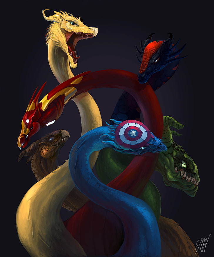 multicolored dragon painting, The Avengers, fantasy art, hydra