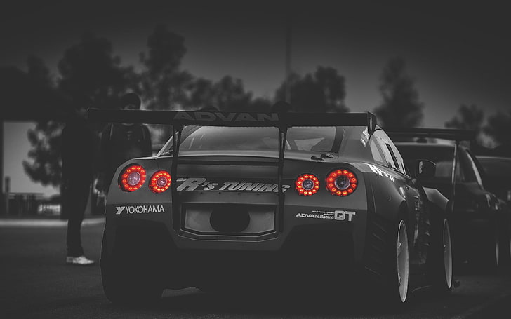 grayscale photo of sports coupe, Nissan GTR, car, monochrome