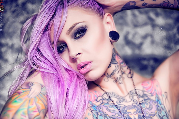 women, face, portrait, dyed hair, nose rings, tattoo, Emily DearHeart
