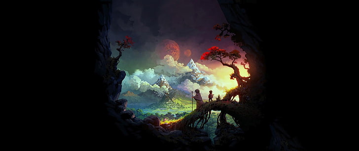 two person on tree branch wallpaper, ultra-wide, painting, fantasy art