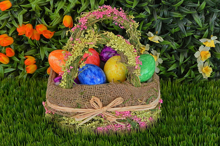 assorted-color easter egg lot, easter eggs, basket, decoration
