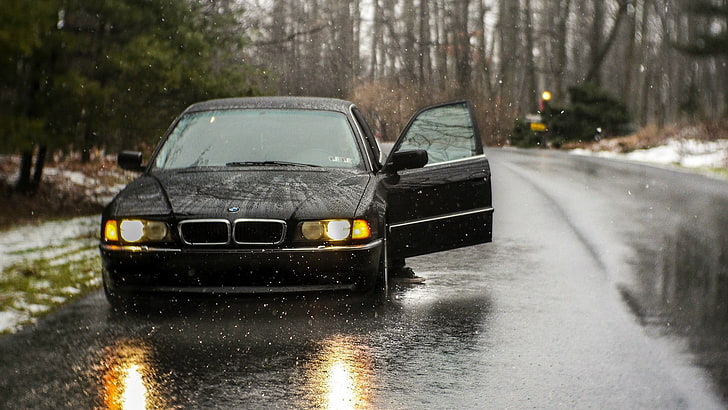 black BMW 5-series, car, BMW 740, old car, rain, motor vehicle