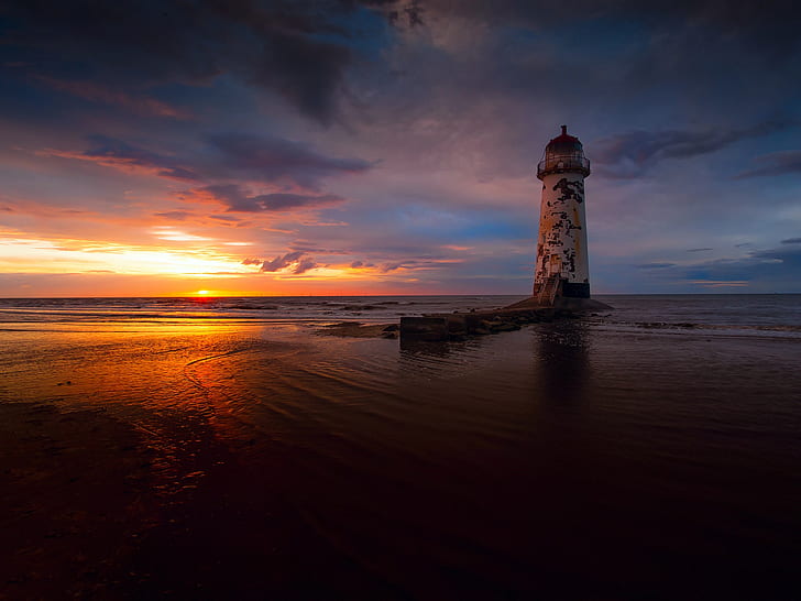 Sea, evening, sunset, clouds, lighthouse, light house, HD wallpaper