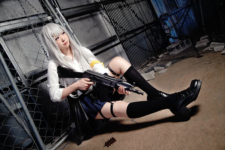 HD wallpaper: h_kagemizu, cosplay, women, Asian, Japanese, white hair,  girls with guns | Wallpaper Flare