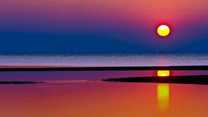 horizon, water, reflection, calm, sea, sky, shore, solar eclipse, HD wallpaper