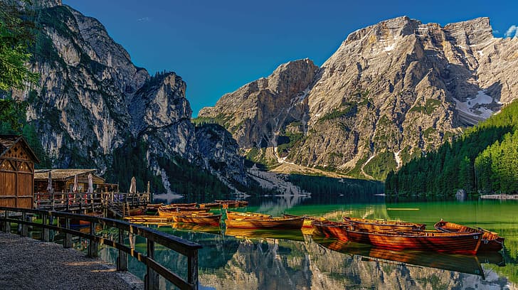mountains, lake, boats, Italy, The Dolomites, South Tyrol, Lake Braies, HD wallpaper
