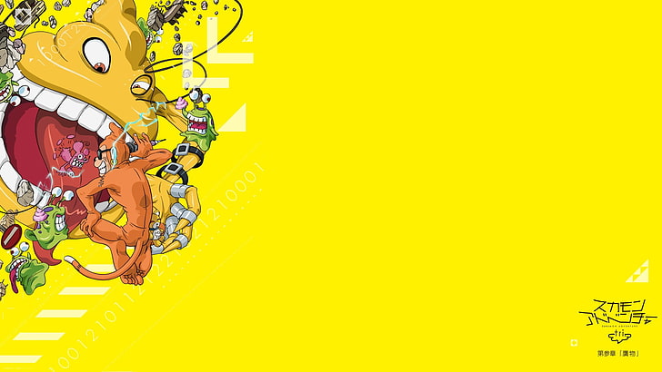 yellow and green floral textile, anime, Digimon, minimalism, no people