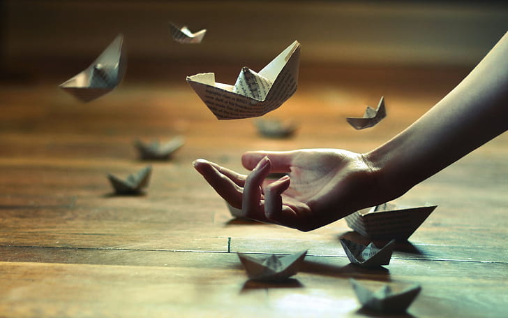 hands, paper boats, human hand, origami, flying, one person