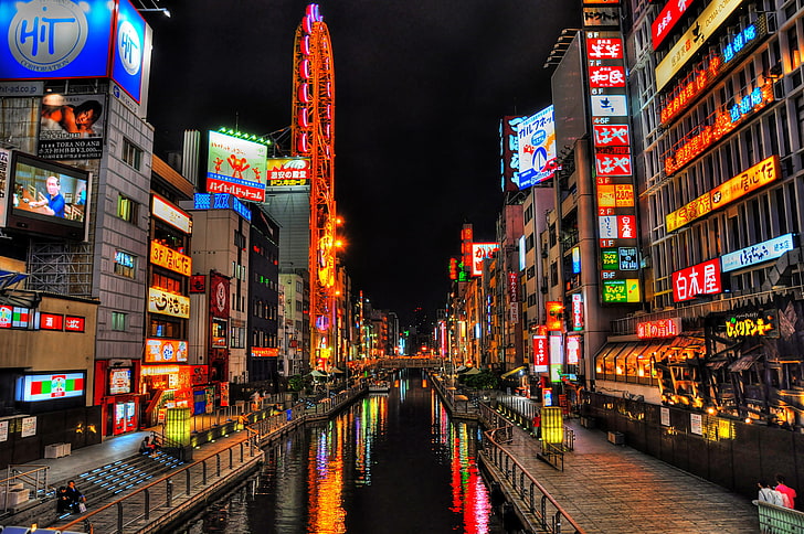 assorted signages, Japan, Osaka, Dotonbori, illuminated, night