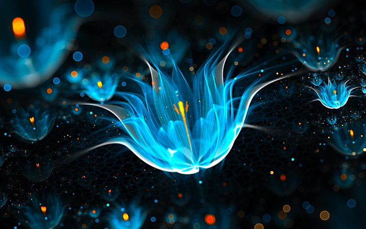 school of blue jellyfishes, blue petaled flowers, abstract, fractal, HD wallpaper