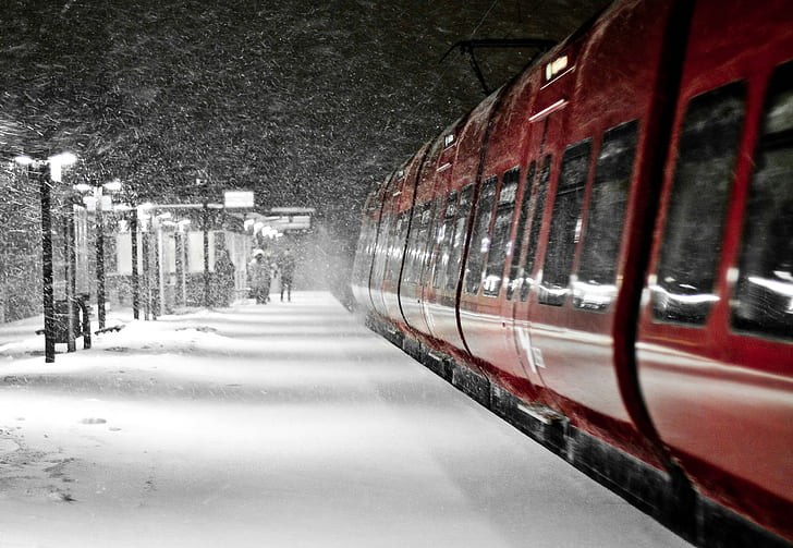 snow, vehicle, train, night, HD wallpaper