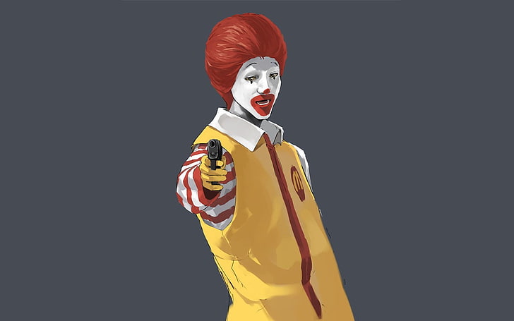 McDonalds digital wallpaper, McDonald's, gun, Ronald McDonald, HD wallpaper