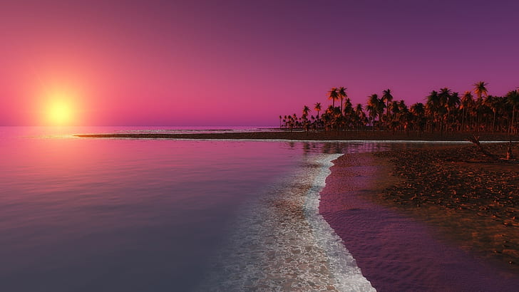 Beach, sunset, palm trees, sea, dusk