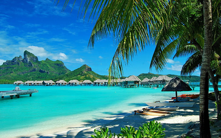 Hawaii-blue sea, sandy beaches, green palm trees, bungalows huts of straw-blue-Desktop Wallpaper-HD-3840×2400
