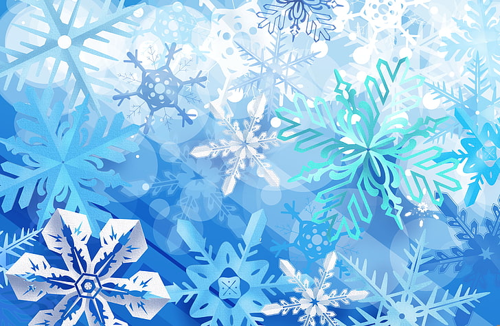 blue snow flakes digital wallpaper, winter, snowflakes, backgrounds