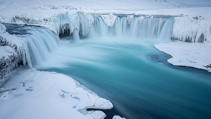nature, landscape, ice, waterfall, winter, river