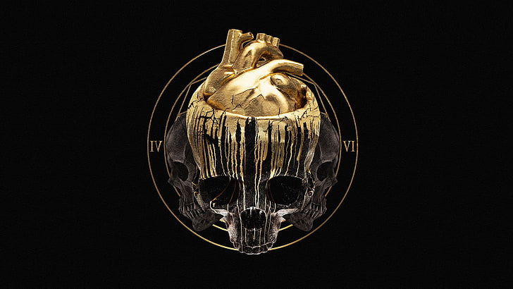 Apashe, skull and bones, gold, Project46, black background, HD wallpaper