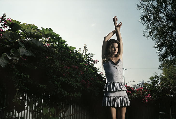 women, women outdoors, skinny, arms up, grey dress, armpits, HD wallpaper