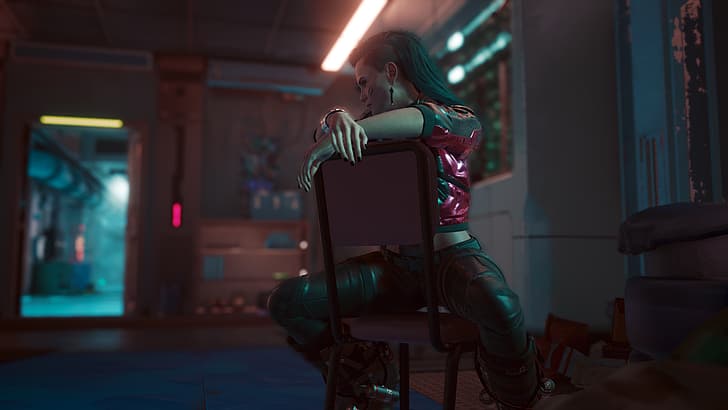Cyberpunk 2077, Rogue (character), sitting, chair, blue hair
