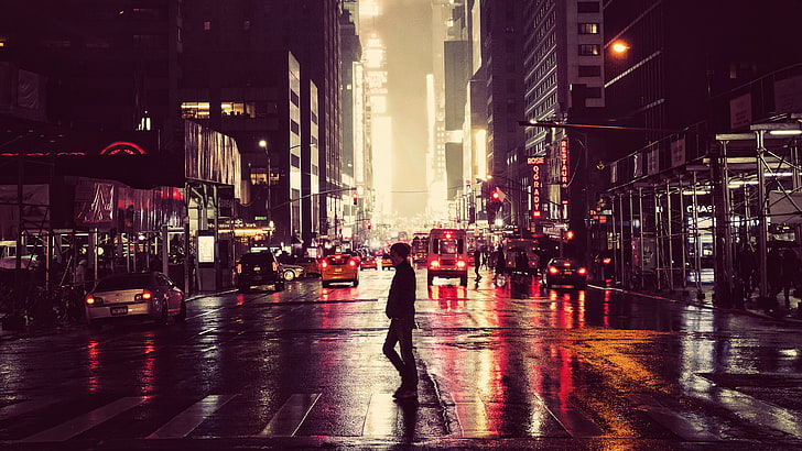 street, urban, cityscape, photography, road, night, wet, illuminated, HD wallpaper