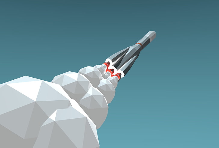 gray space shuttle illustration, blue background, rocket, low poly