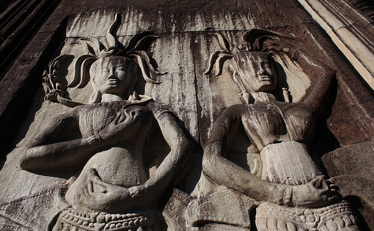 Apsara, two person embossed statue, Vintage, Ruins, Temple, ancient, HD wallpaper