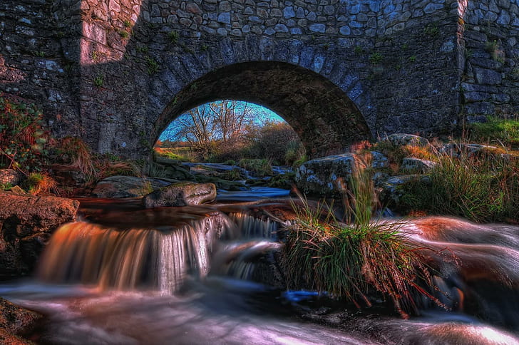 Kilbride Bridge, wicklow ireland, waterfall, rocks, trees, river, HD wallpaper
