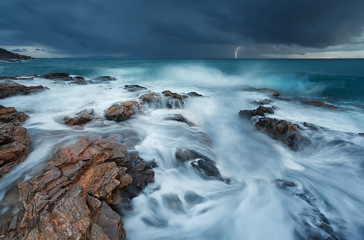 body of water, nature, landscape, clouds, sea, storm, lightning