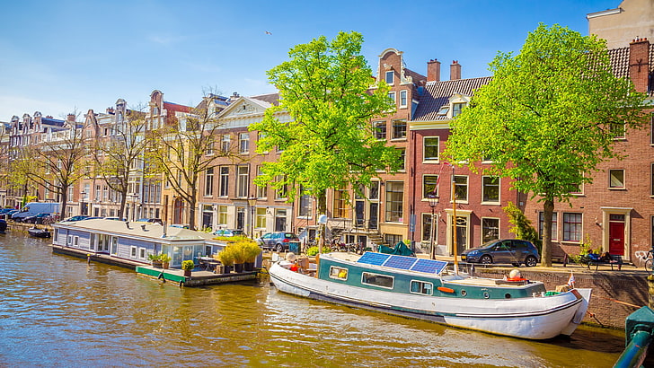 canal, waterway, amsterdam, europe, boat, city, tree, neighbourhood, HD wallpaper