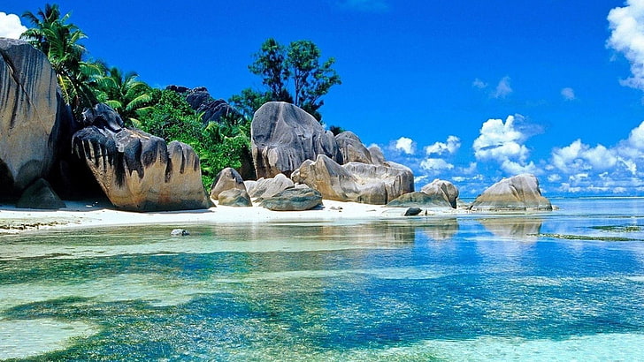 island, seychelles, water, tropics, exotic, sea, sky, rock