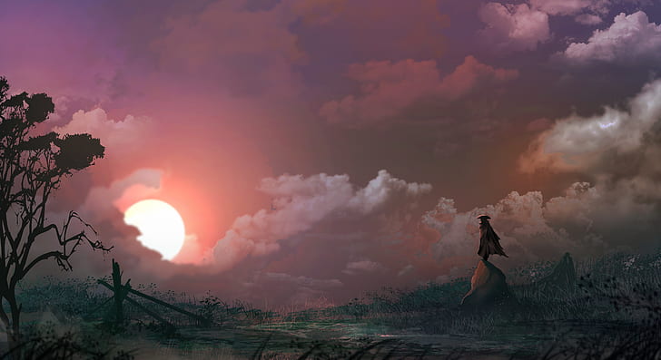 men standing, samurai, sunset, clouds, sky, Fantasy
