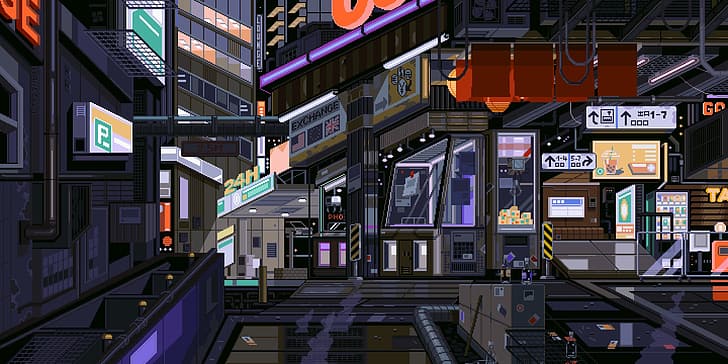 waneella, pixel art, city, cyberpunk, night
