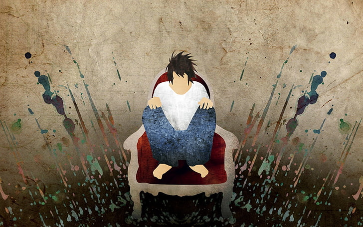 person sits on sofa chair illustration, death note, l lawliet