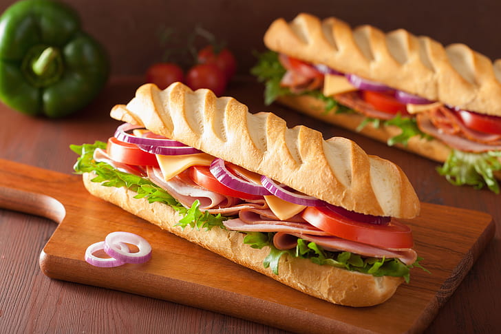 food, baguette, ham, tomatoes, salad, cheese, bell peppers